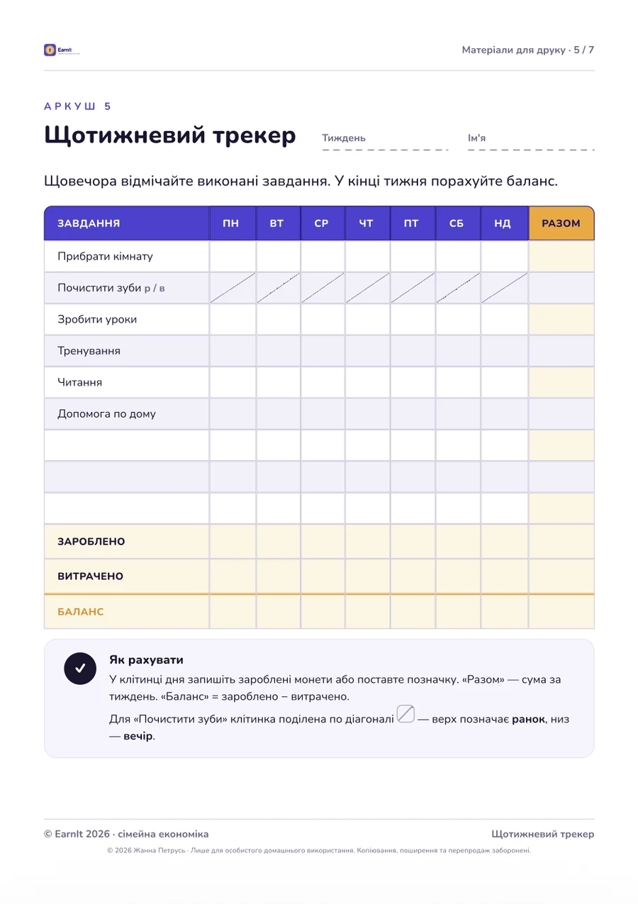 Щотижневий трекер EarnIt — аркуш для друку